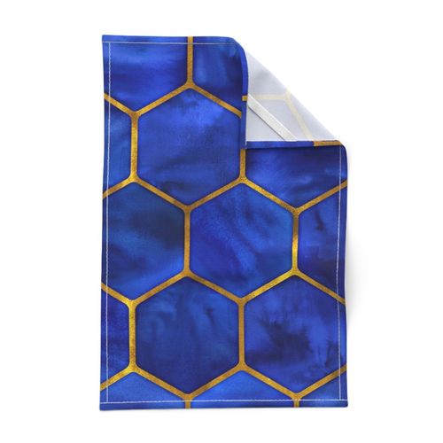 Oversized Cobalt Ink Hexagons with Textured Yellow Gold Oultines 