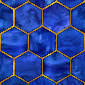Oversized Cobalt Ink Hexagons with Textured Yellow Gold Oultines 