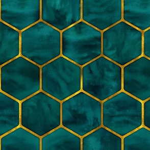 Small Malachite Green Ink Hexagons with Textured Yellow Gold Oultines 