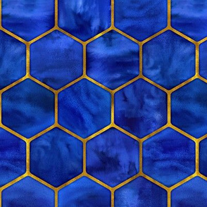 Small Cobalt Ink Hexagons with Textured Yellow Gold Outlines