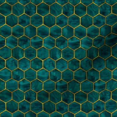 Tiny Malachite Green Ink Hexagons with Textured Yellow Gold Oultines 