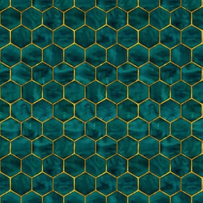 Tiny Malachite Green Ink Hexagons with Textured Yellow Gold Oultines 