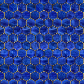 Tiny Cobalt Ink Hexagons with Textured Yellow Gold Oultines 