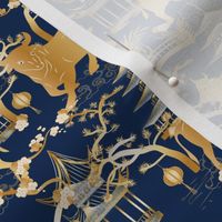 Year of the Metal Ox Toile Chinoiserie - Lunar New Year- Japanese Pagoda- Gold on Prussian Blue- Small Scale