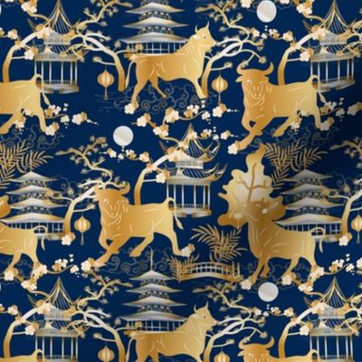 Year of the Metal Ox Toile Chinoiserie - Lunar New Year- Japanese Pagoda- Gold on Prussian Blue- Small Scale