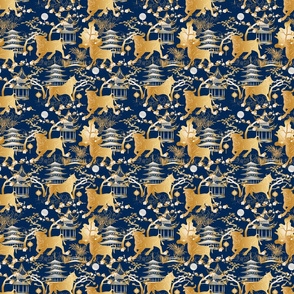 Year of the Metal Ox Toile Chinoiserie - Lunar New Year- Japanese Pagoda- Gold on Prussian Blue- Small Scale