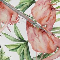 Flamingo with tropical leaves. Watercolor