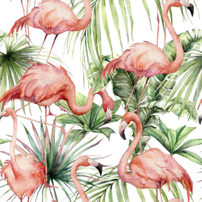 Flamingo with tropical leaves. Watercolor