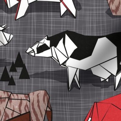 Normal scale // Origami cattle friends // charcoal linen texture background red brown grey black and white geometric ox bulls and cows 
