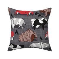 Normal scale // Origami cattle friends // charcoal linen texture background red brown grey black and white geometric ox bulls and cows 