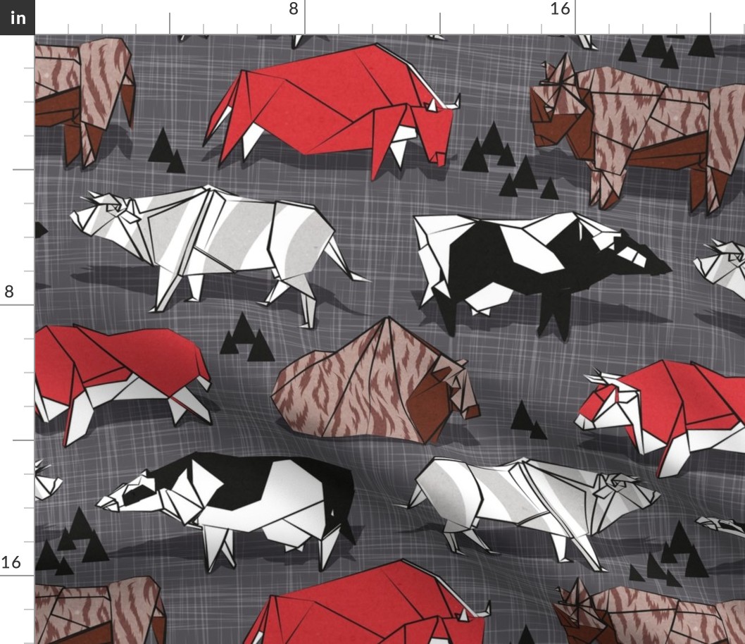 Normal scale // Origami cattle friends // charcoal linen texture background red brown grey black and white geometric ox bulls and cows 