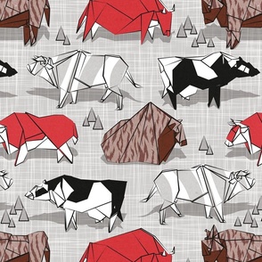 Normal scale // Origami cattle friends // light grey texture background red brown grey black and white geometric ox bulls and cows 