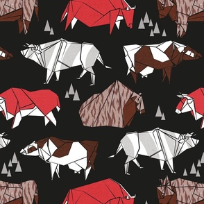 Normal scale // Origami cattle friends // black background red brown grey and white geometric ox bulls and cows 