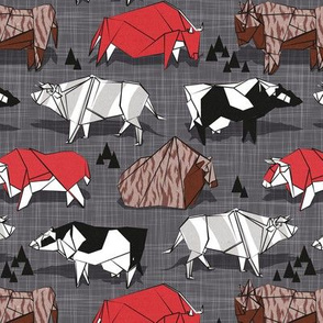 Small scale // Origami cattle friends // charcoal linen texture background red brown grey black and white geometric ox bulls and cows 