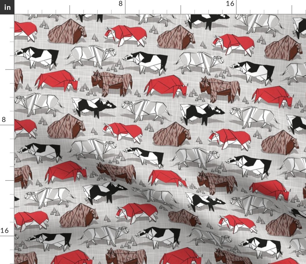Small scale // Origami cattle friends // light grey texture background red brown grey black and white geometric ox bulls and cows 