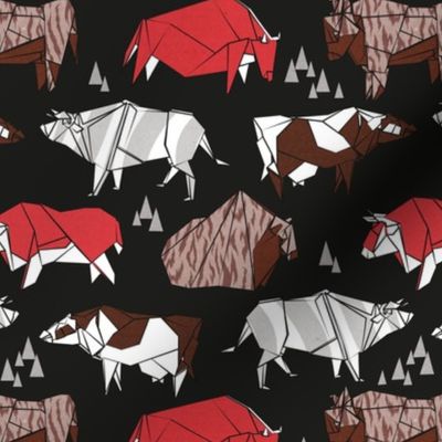 Small scale // Origami cattle friends // black background red brown grey and white geometric ox bulls and cows 