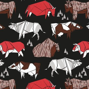 Small scale // Origami cattle friends // black background red brown grey and white geometric ox bulls and cows 