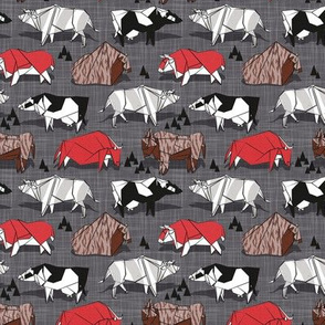 Tiny scale // Origami cattle friends // charcoal linen texture background red brown grey black and white geometric ox bulls and cows 