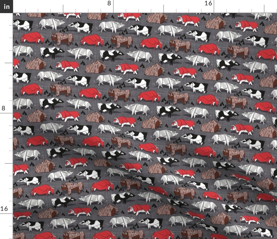 Tiny scale // Origami cattle friends // charcoal linen texture background red brown grey black and white geometric ox bulls and cows 