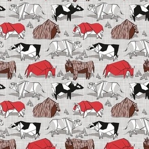 Tiny scale // Origami cattle friends // light grey texture background red brown grey black and white geometric ox bulls and cows 