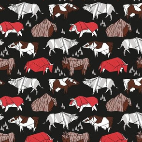 Tiny scale // Origami cattle friends // black background red brown grey and white geometric ox bulls and cows 