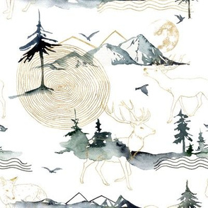 Abstract landscape with mountains, forest, reindeers, fox and birds