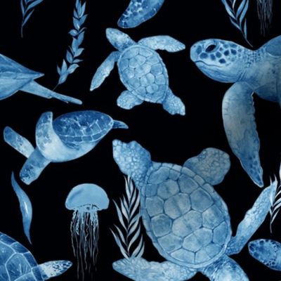 Sea Turtles blue on black
