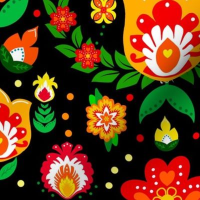 Festive Folk Art Flowers on Black  - Large Scale