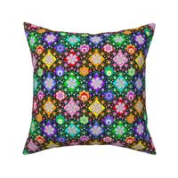 Polish Folk Art Flowers in Patchwork Retro Style on Black- Small Scale