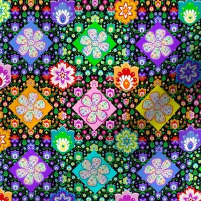 Polish Folk Art Flowers in Patchwork Retro Style on Black- Small Scale