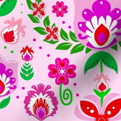 Folk Flowers on Pink- Large Scale