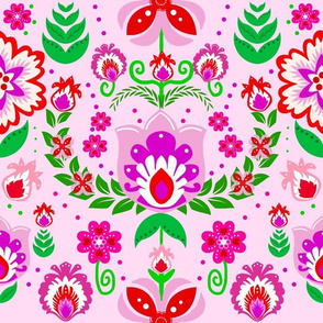 Folk Flowers on Pink- Large Scale