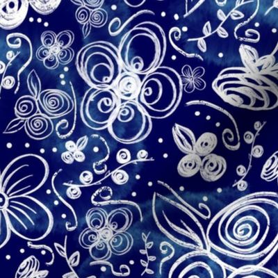 Flower Doodles All Day - Navy Blue Large Scale