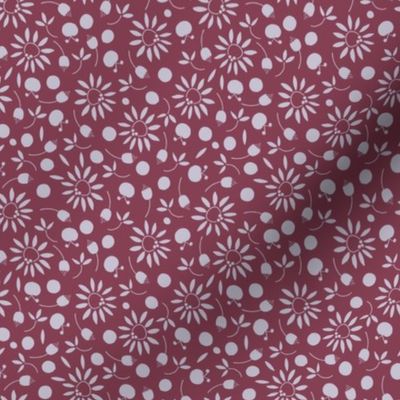 burgundy red and cool gray folk flat floral - small scale
