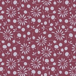 burgundy red and cool gray folk flat floral - small scale