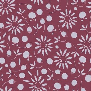 burgundy red and cool gray folk flat floral - medium scale