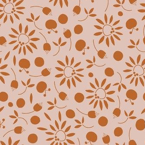 copper red and nude folk flat floral - medium scale