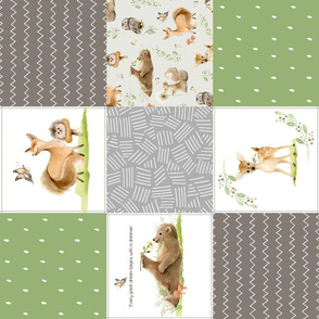 Forest Friends Patchwork Cheater Quilt- Brown Green & Gray, Gender Neutral Woodland Animal Blanket, ROTATED quilt A