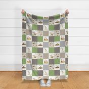Forest Friends Patchwork Cheater Quilt- Brown Green & Gray, Gender Neutral Woodland Animal Blanket, quilt A