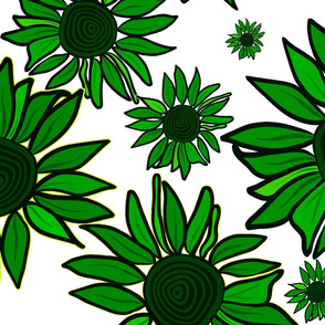 Sunflowers in green on white 