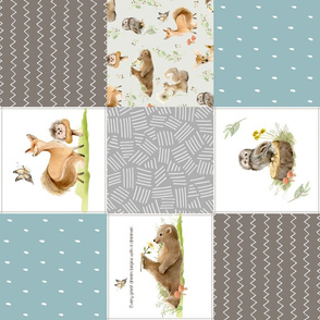 Forest Friends Patchwork Cheater Quilt- Brown Blue & Gray, Gender Neutral Woodland Animal Blanket, ROTATED quilt B