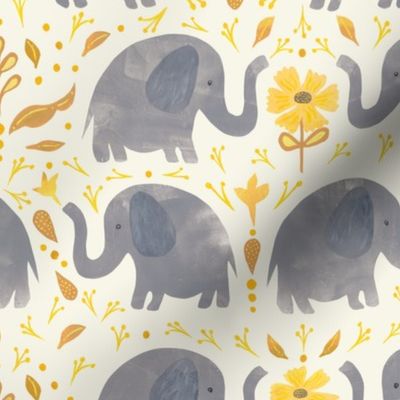 Elephants and Yellow Daisies  Papercut Style - medium scale - grey yellow baby