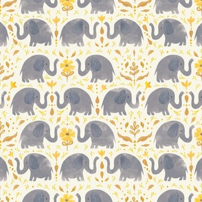 Elephants and Yellow Daisies  Papercut Style - medium scale - grey yellow baby