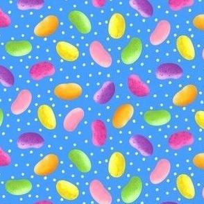 Colorful Jelly Beans on Bright Blue with Polka Dots