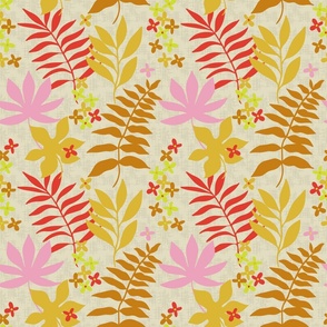pink and gold tropical leaf pattern