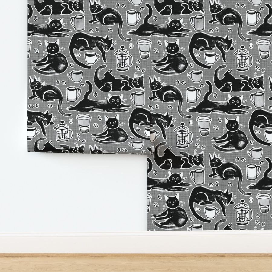 Monochrome Black Cats & Coffee - Medium Scale