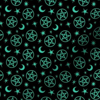 Pentagrams and Stars Mint Green on Black