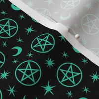 Pentagrams and Stars Mint Green on Black