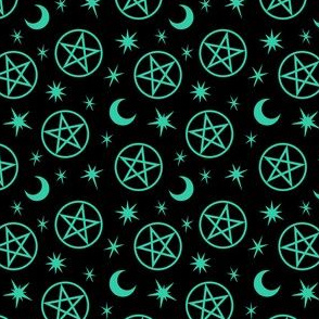 Pentagrams and Stars Mint Green on Black
