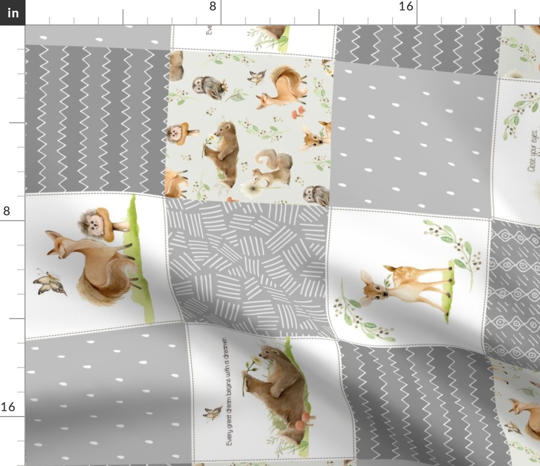 Forest Friends Quilt Panel- Bear Deer Fox Patchwork in Grays, QUILT D rotated